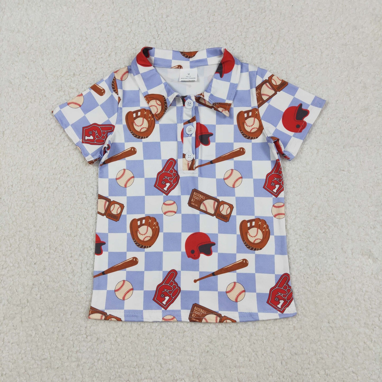BT1577 Baby Boys Short Sleeve Blue Checked Baseballs Team Button Polo Shirts Top