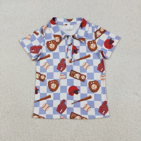 BT1577 Baby Boys Short Sleeve Blue Checked Baseballs Team Button Polo Shirts Top