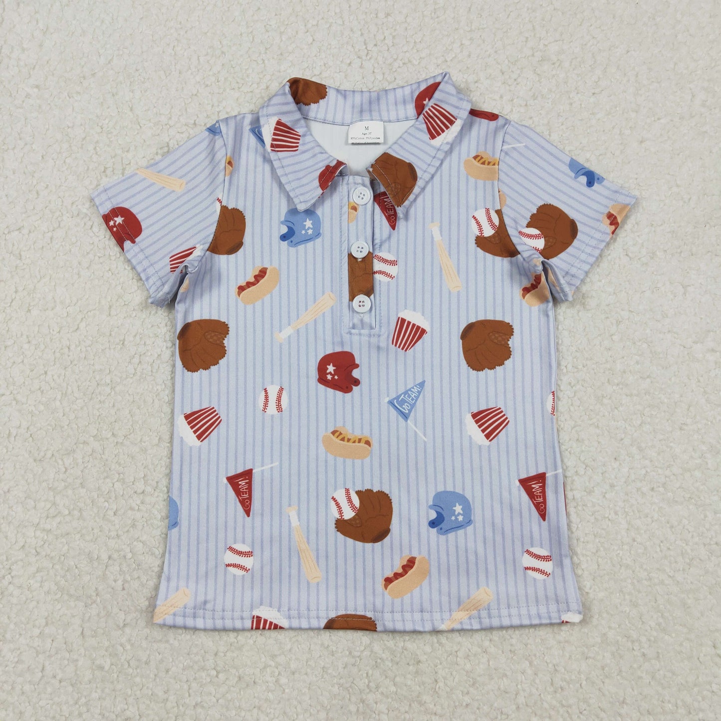 BT1580 Baby Boys Short Sleeve Blue Stripe Baseballs Team Button Polo Shirts Top