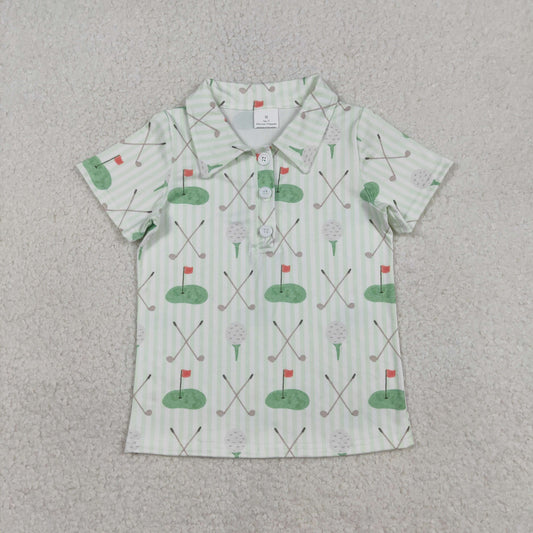 BT1584 Baby Boys Short Sleeve Green Stripe Golf Flags Button Polo Shirts Top