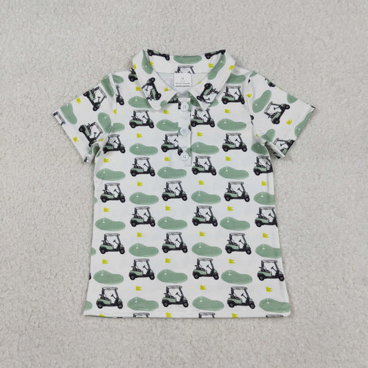 BT1585 Baby Boys Short Sleeve Golf Trucks Flags Button Polo Shirts Top