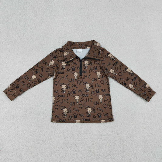 BT1597 Baby Boys Long Sleeve Brown Bull Skulls Western Zipper Pullovers Top