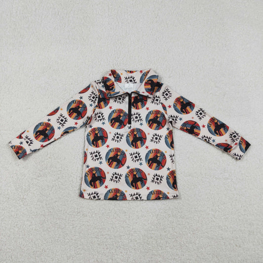 BT1598 Baby Boys Long Sleeve Aztec Horse Rodeos Western Zipper Pullovers Top