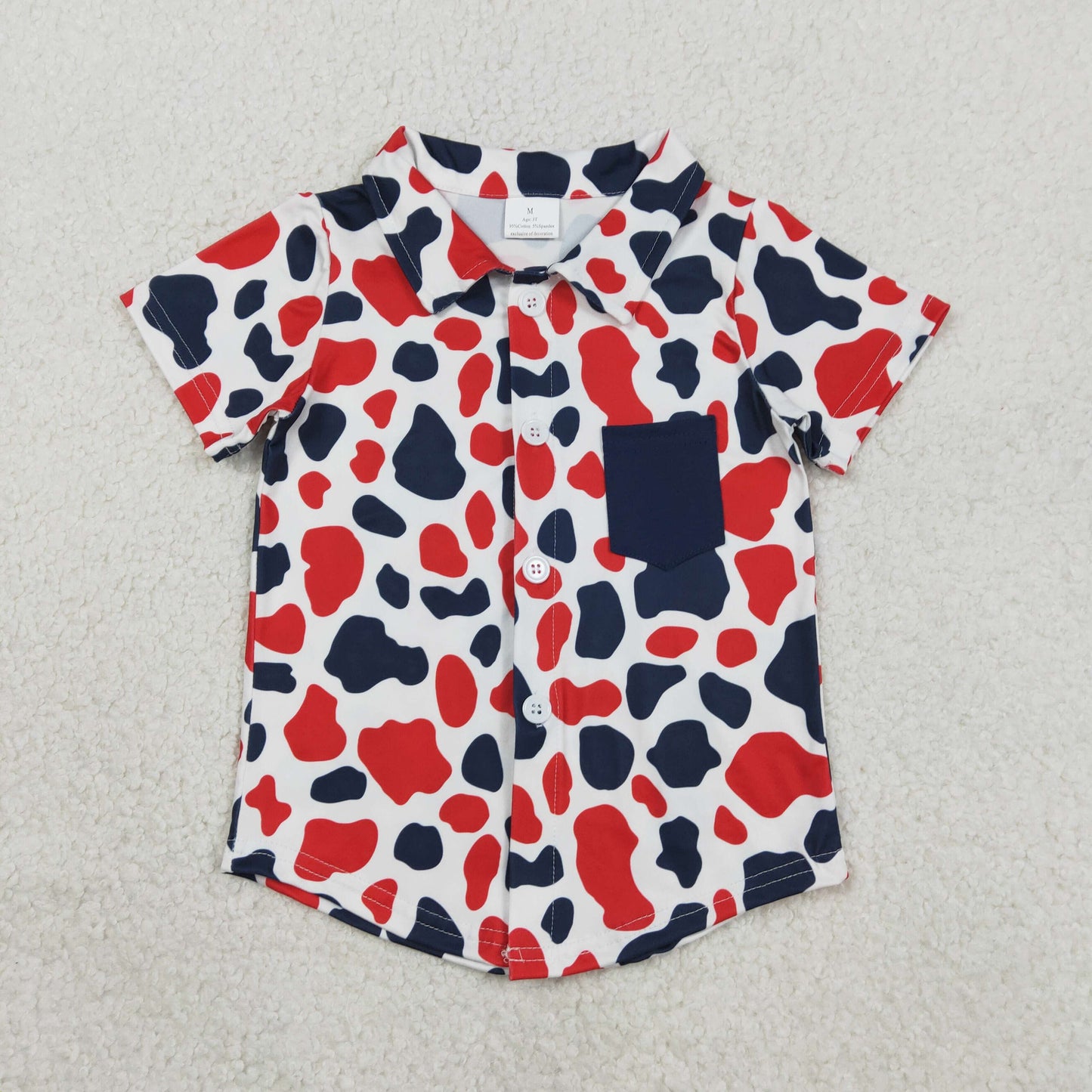 BT1656 Baby Boys Short Sleeve Red Blue Cow Print 4th of July Button Pocket Shirts Top