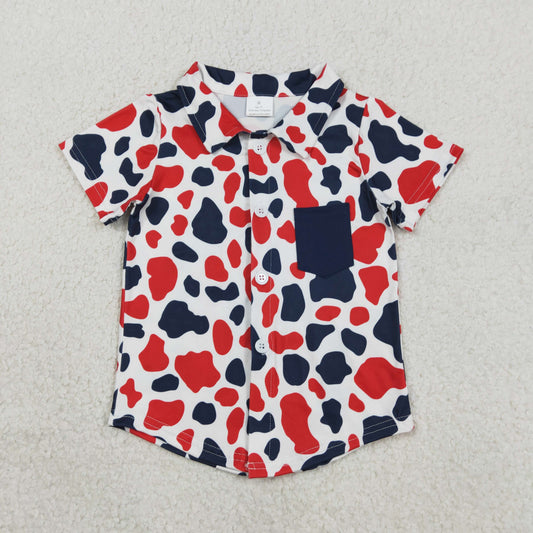 BT1656 Baby Boys Short Sleeve Red Blue Cow Print 4th of July Button Pocket Shirts Top