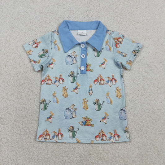 BT1665 Baby Boys Blue Short Sleeve Rabbits Eggs Easter Button Polo Shirts Top
