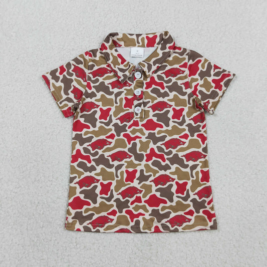 BT1693 Baby Boys Short Sleeve Southern Camo Red Bulls Team Button Polo Shirts Top