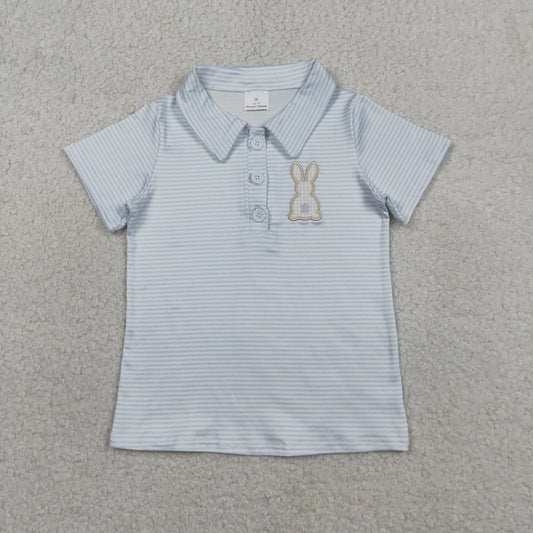 BT1708 Baby Boys Blue Stripe Short Sleeve Embroidery Rabbits Easter Polo Shirts Top
