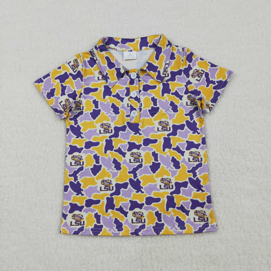 BT1744 Baby Boys Short Sleeve Purple Yellow Camo LSU Tigers Team Polo Shirts Top
