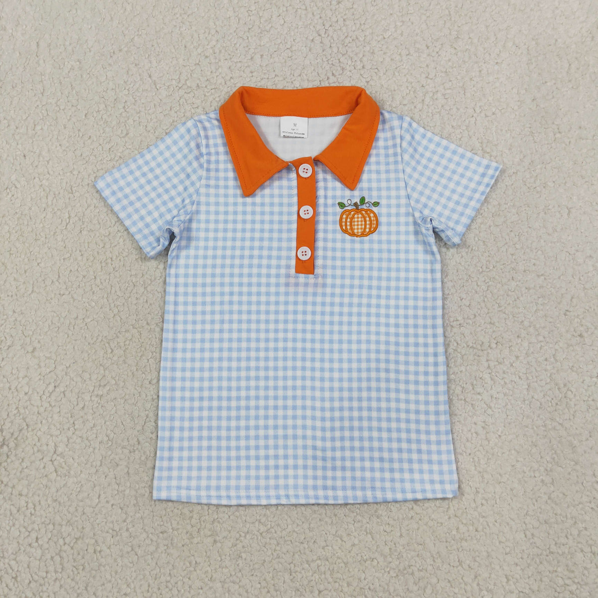 Sibling Baby Girls Blue Checked Embroidery Pumpkins Truck Fall Button Polo Shirts Top