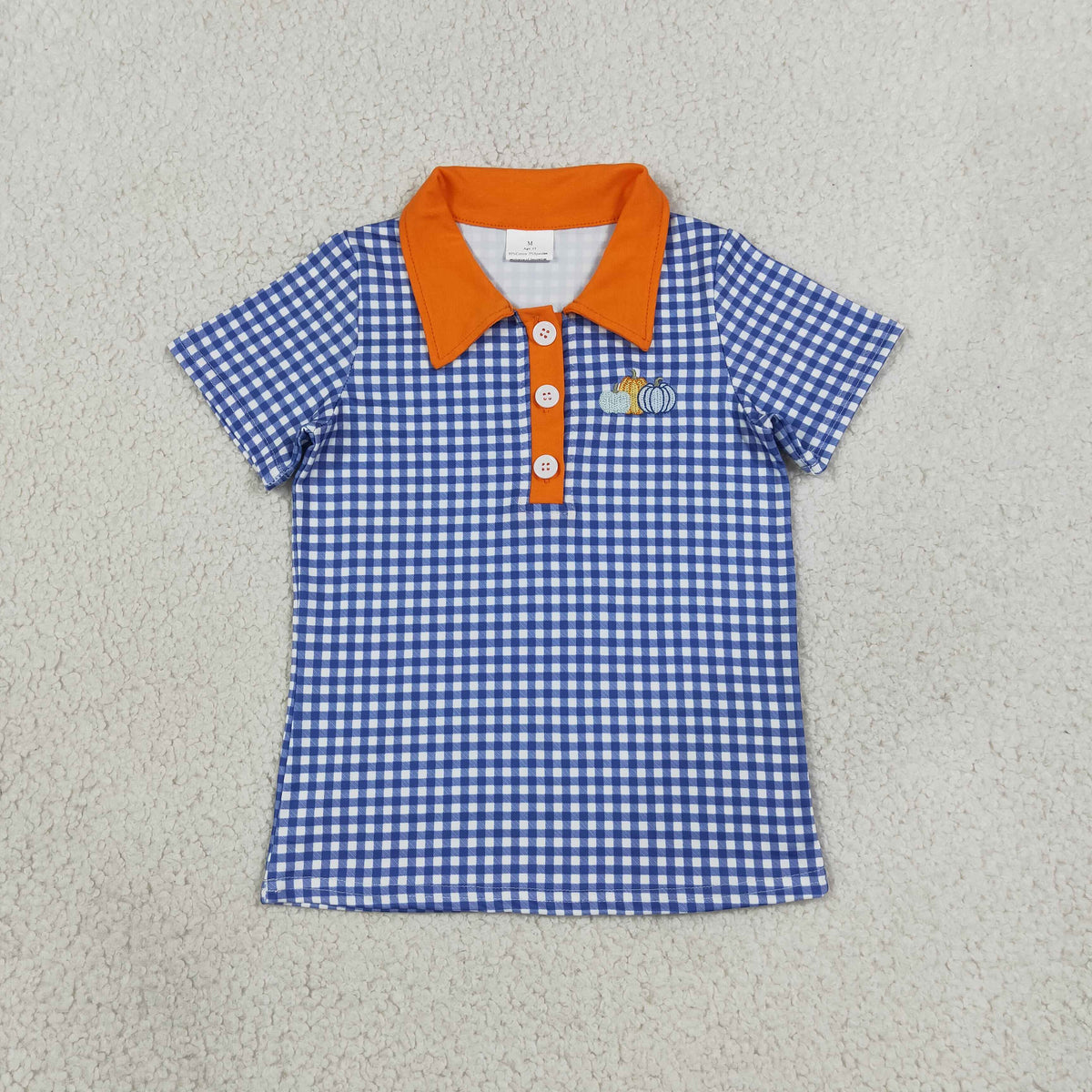 Sibling Baby Girls Blue Checked Embroidery Pumpkins Truck Fall Button Polo Shirts Top
