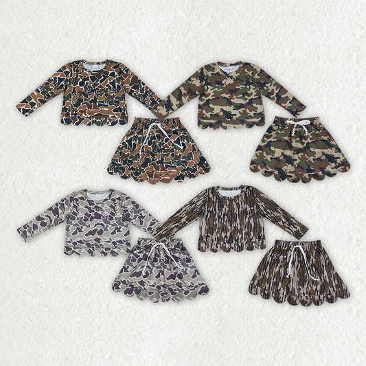 Sibling Baby Girls Long Sleeve Southern Camo Shirts Top Skirt Short Scallop Clothes Sets