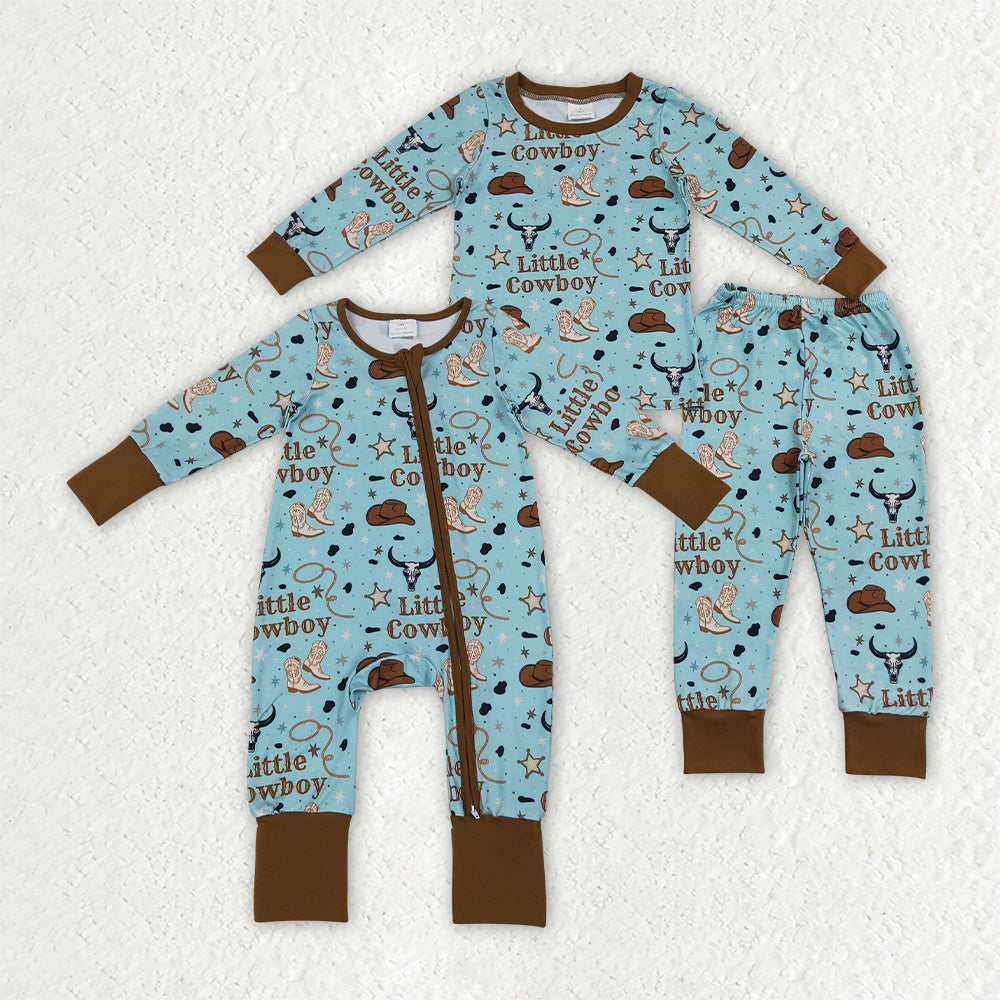 Sibling Baby Boys Little Cowboys Boots Hats Top Pant Western Pajamas Set Zip Rompers