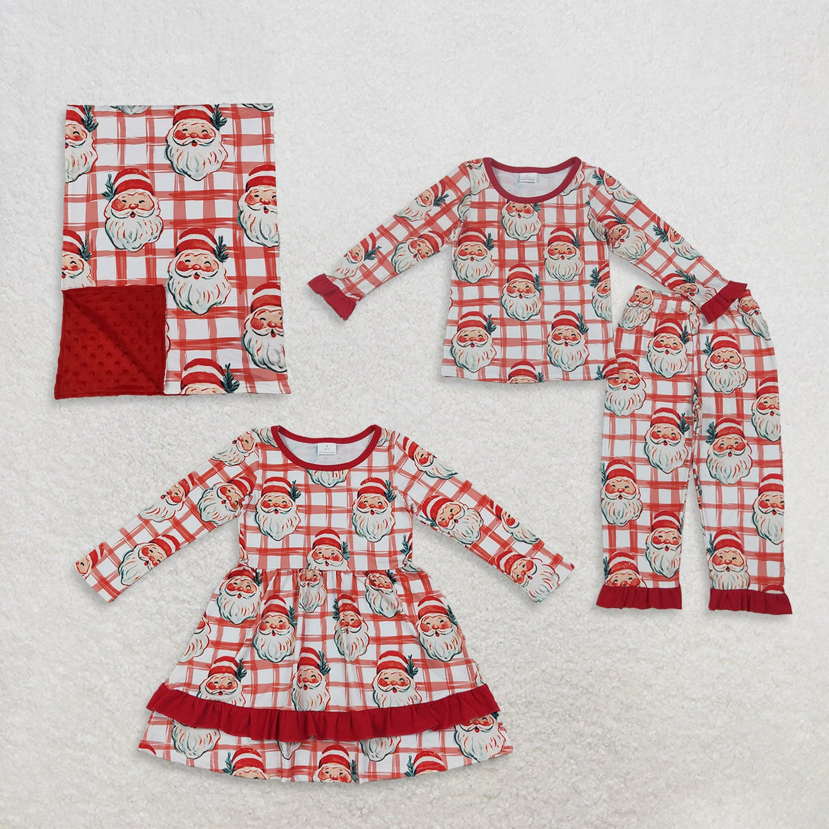 Sibling Baby Girls Red Checked Santa Ruffle Pant Christmas Pajamas Set Dress Blanked