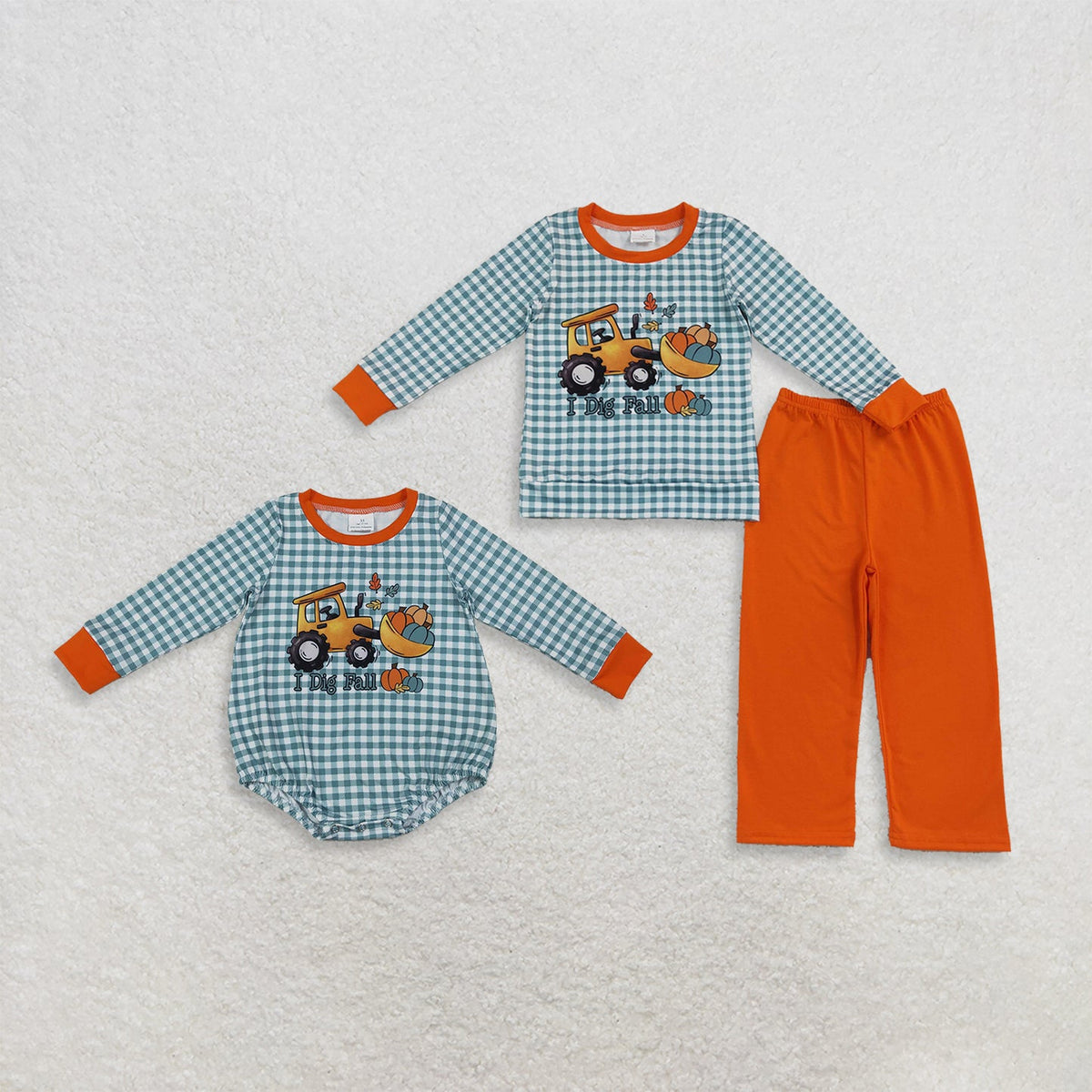 Sibling Baby Boys Pumpkins Truck Checked Top Pant Fall Clothes Set Rompers