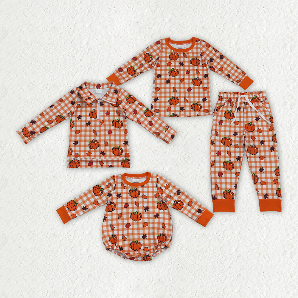 Sibling Baby Boys Pumpkins Leaves Fall Jogger Clothes Set Zip Pullover Rompers