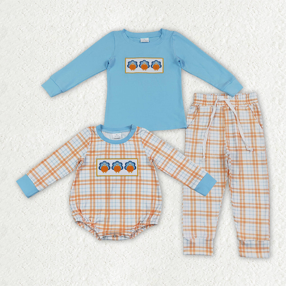 Sibling Baby Boys Embroidery Turkey Checked Pant Thanksgivings Clothes Set Rompers