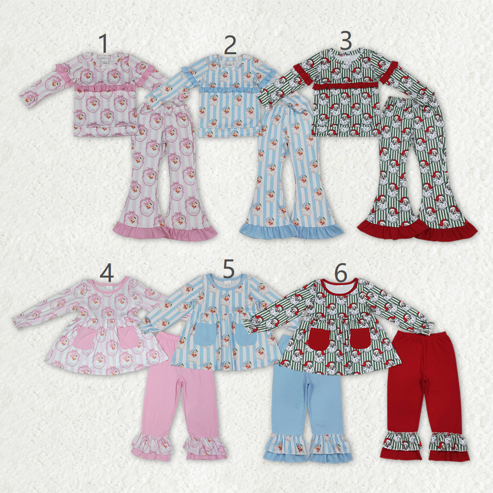 Sibling Baby Girls Santa Pockets Stripe Tunic Ruffle Pants Christmas Clothes Sets