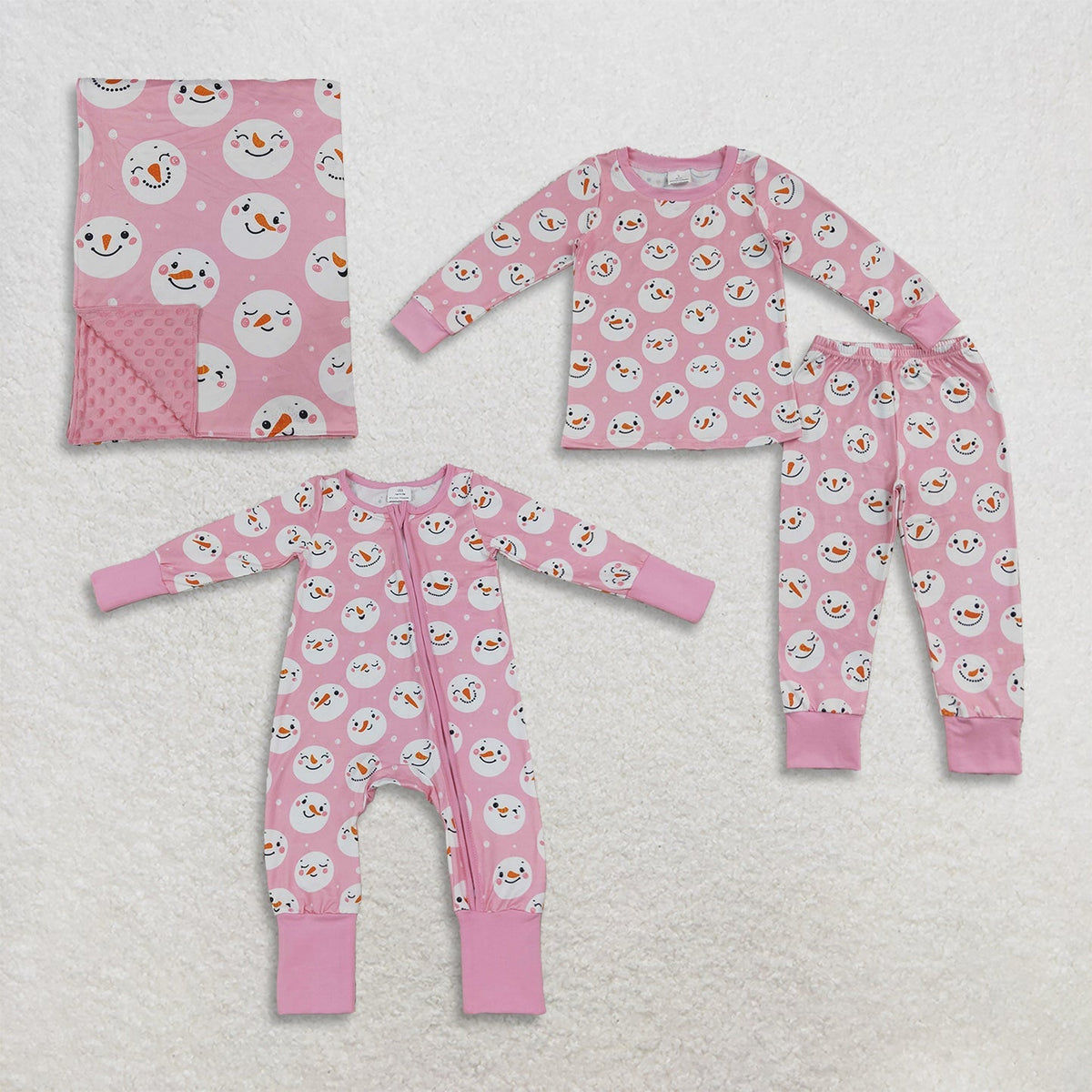 Sibling Baby Girls Pink Snowmen Christmas Pajamas Sets Zip Romper Blanked