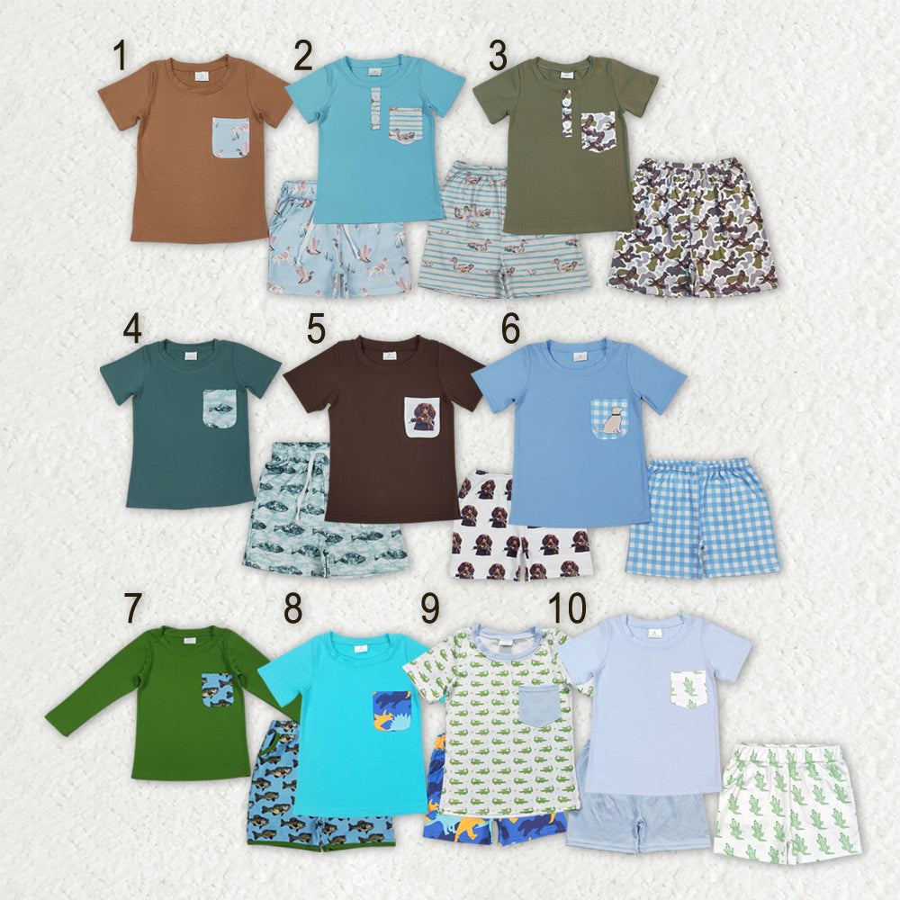 Sibling Baby Boys Short Sleeve Ducks Dogs Pocket Top Pockets Short Hunting Clothes Sets