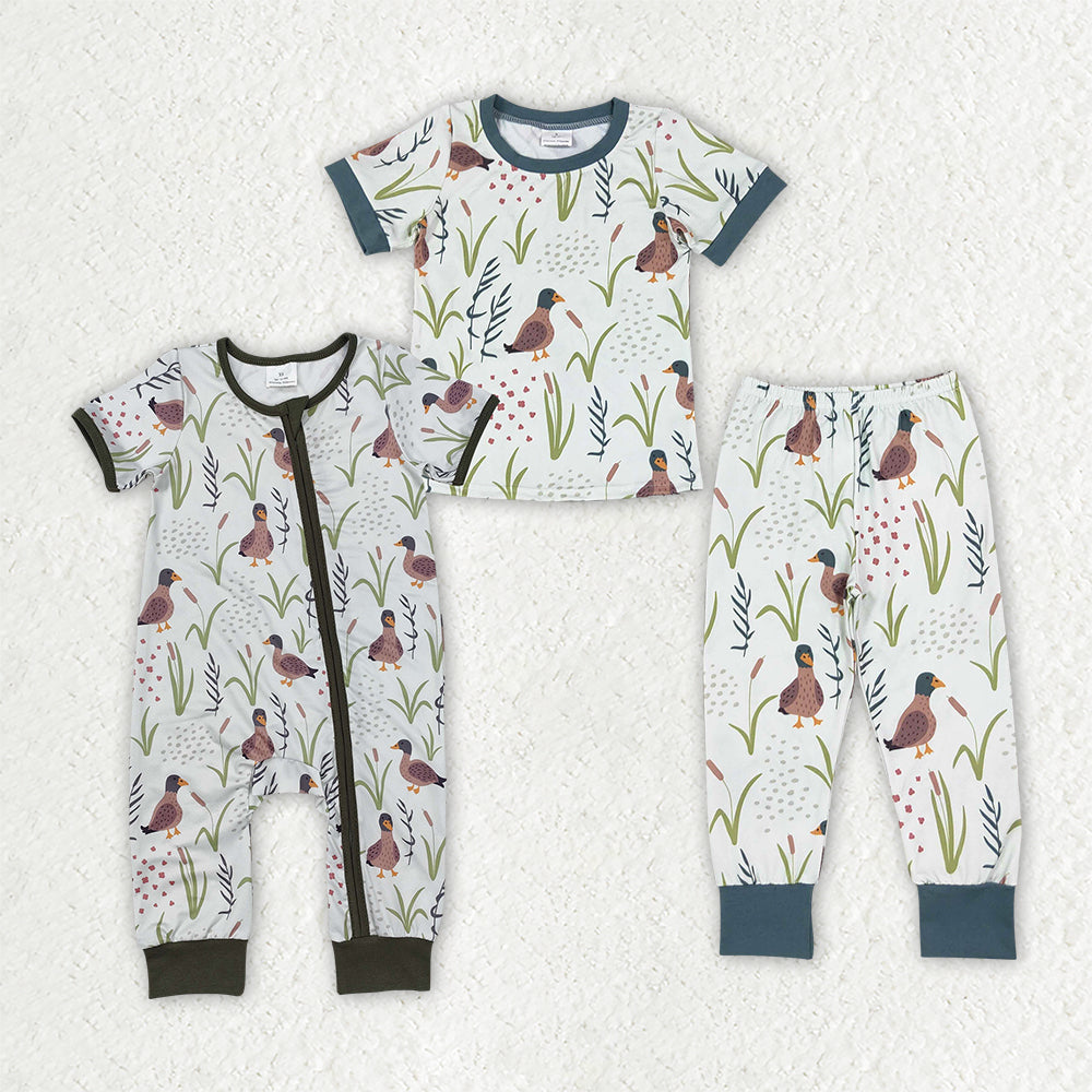 Sibling Baby Girls Short Sleeves Ducks Top Pant Hunting Pajamas Set Zip Rompers