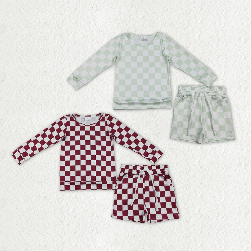 Siblings Baby Girls Long Sleeves Checked Shirts Top Pockets Shorts Clothes Sets