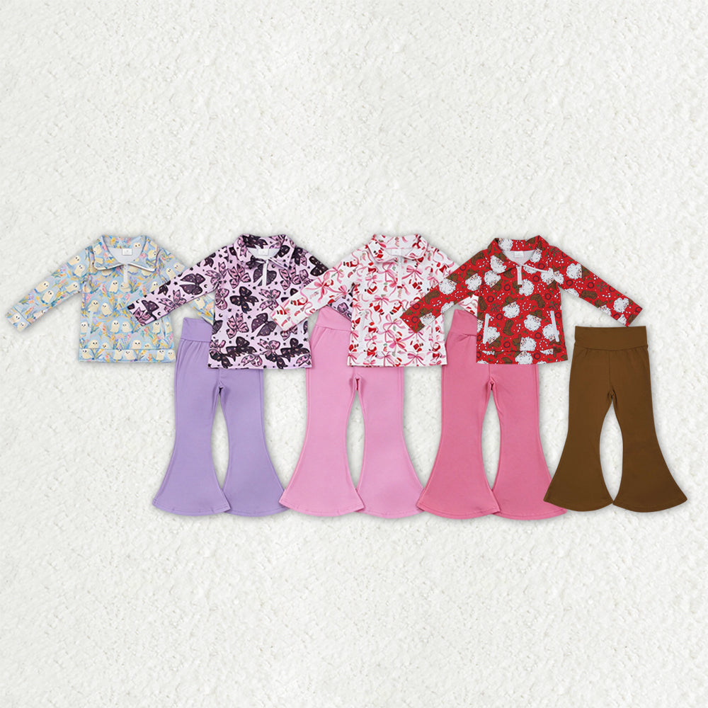 Sibling Baby Girls Bows Ghosts Santa Zip Pullovers Bell Bottom Halloween Christmas Sets