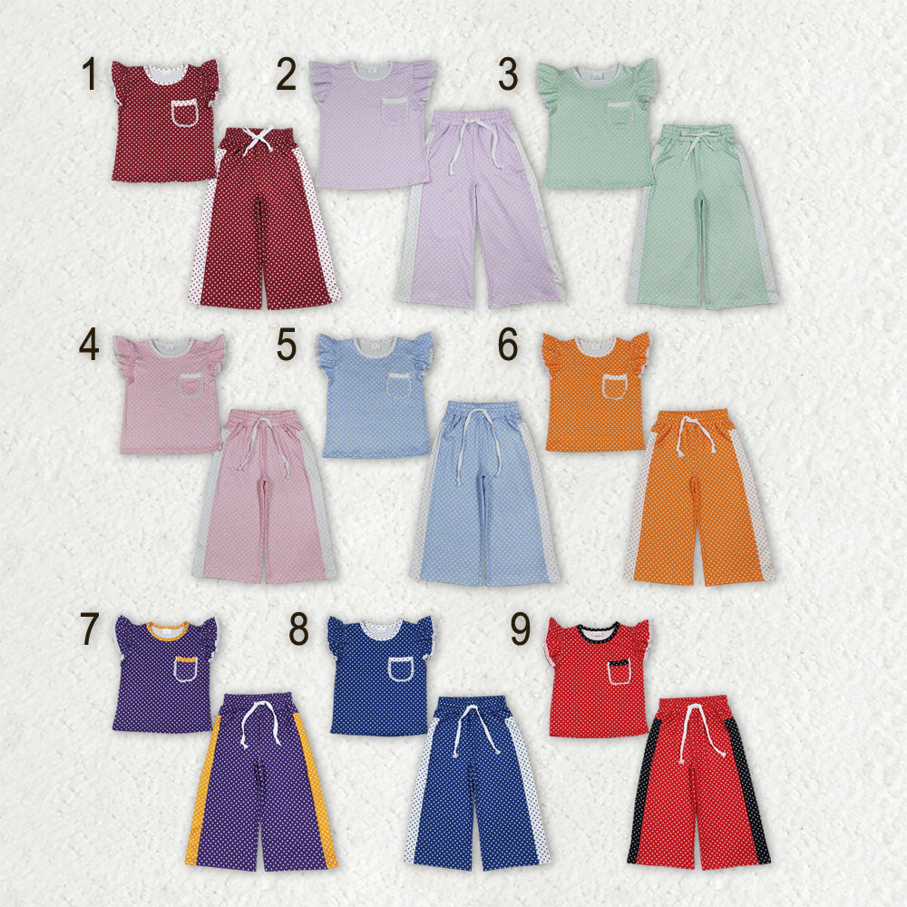Sibling Baby Girls Flutter Sleeve Polka Dots Top Pockets Flare Pants Clothes Sets