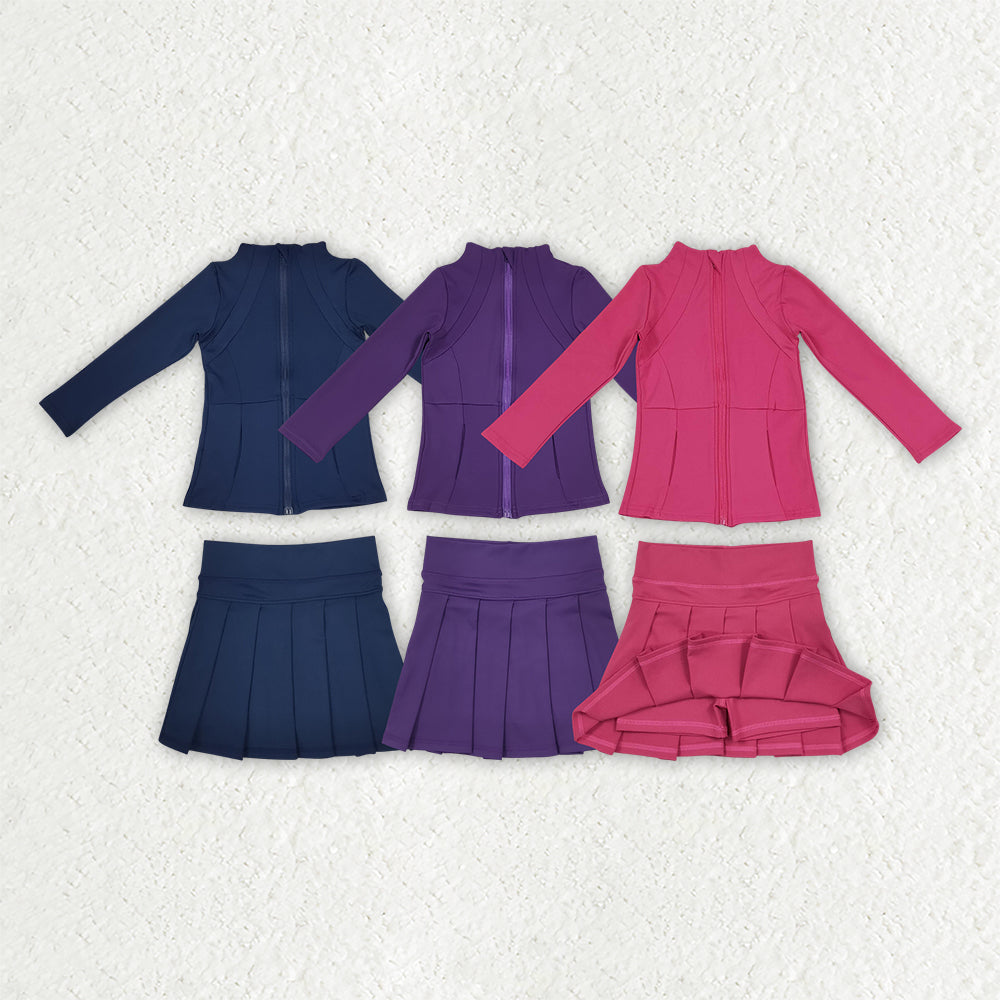 Sibling Baby Girls Long Sleeve Zip Pockets Tops Pleated Skorts Yoga Active Clothes Sets