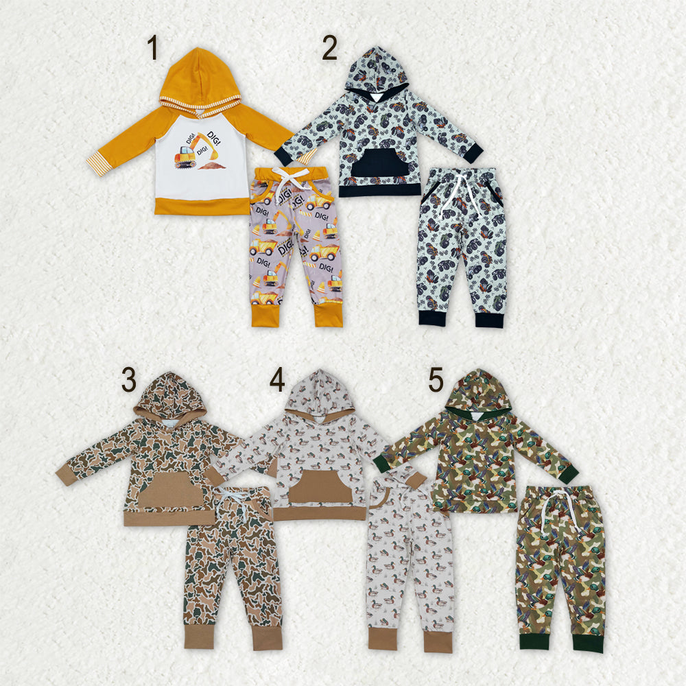 Sibling Baby Boys Excavators Motors Ducks Camo  Hoodie Pockets Joggers Clothes Sets
