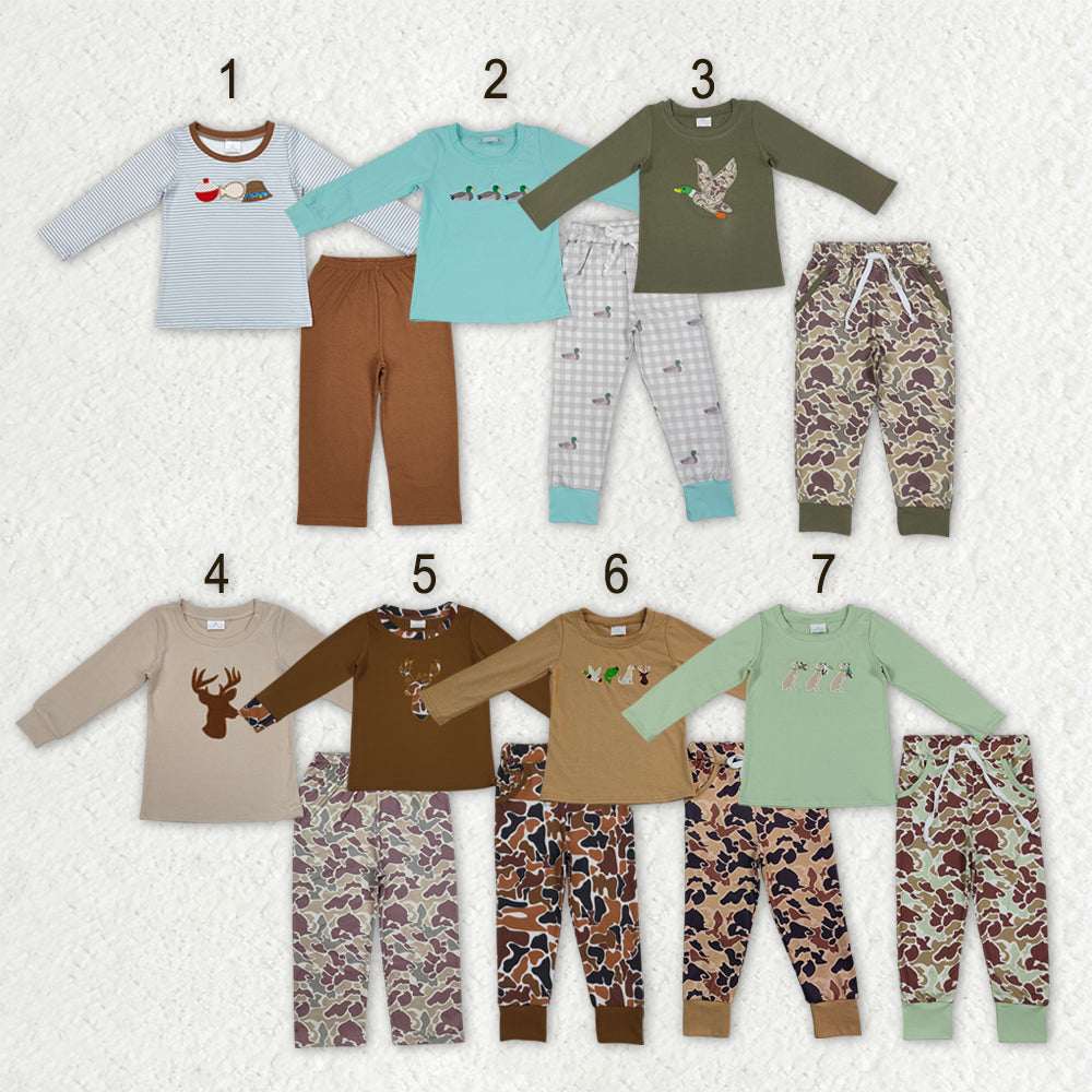 Sibling Baby Boys Long Sleeve Embroidery Deer Ducks Fishing Pants Hunting Clothes Sets