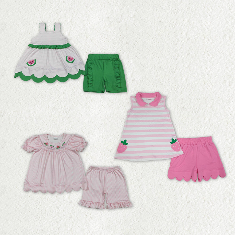 Sibling Baby Girls Embroidery Watermelons Strawberry Tunic Short Scallop Clothes Sets