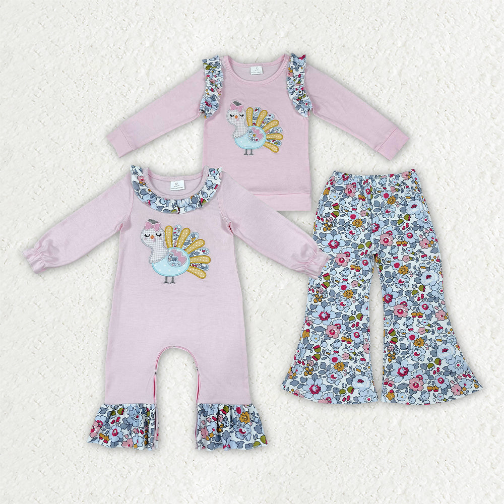 Sibling Baby Girls Embroidery Flowers Turkey Flare Pant Thanksgiving Set Pant Rompers