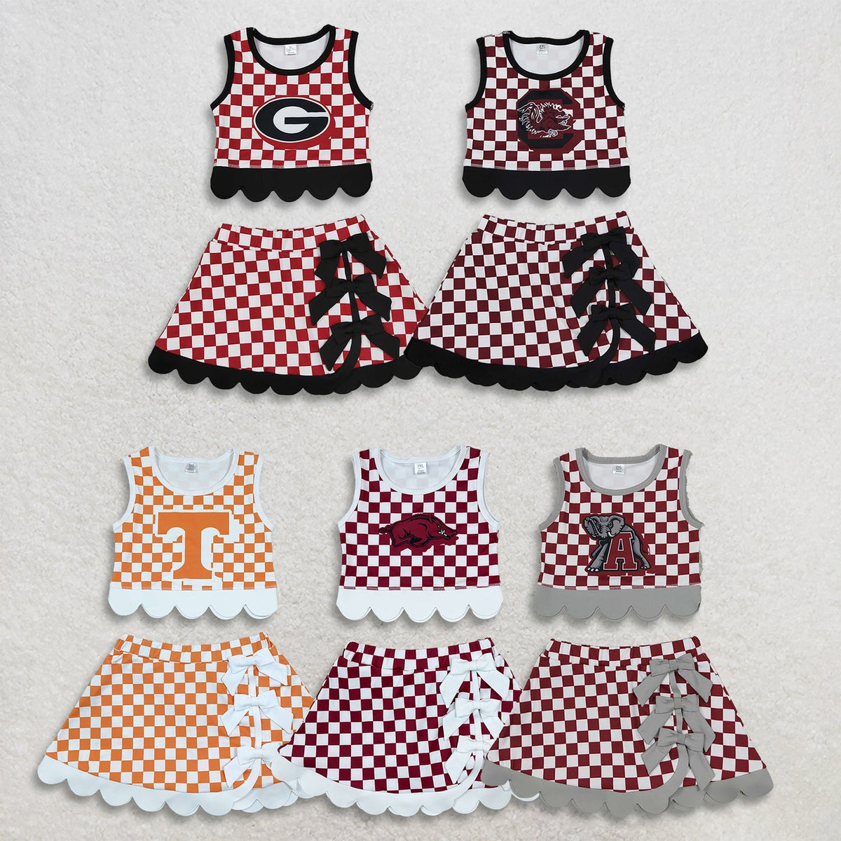Sibling Baby Girls Checked Vests Bows Skirt Short Team Yoga Active Scallop Clothes Sets