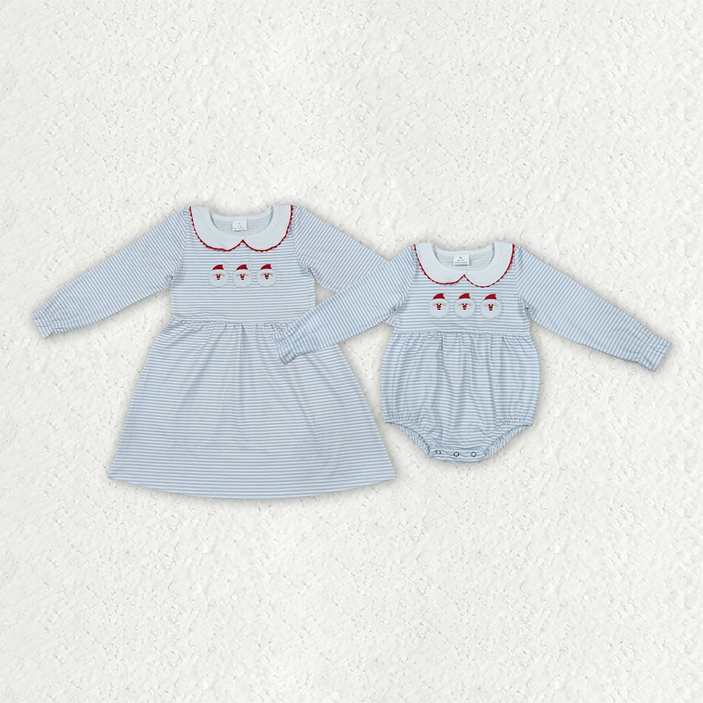 Sibling Baby Girls Embroidery Santa Blue Stripe Christmas Knee Length Dress Rompers