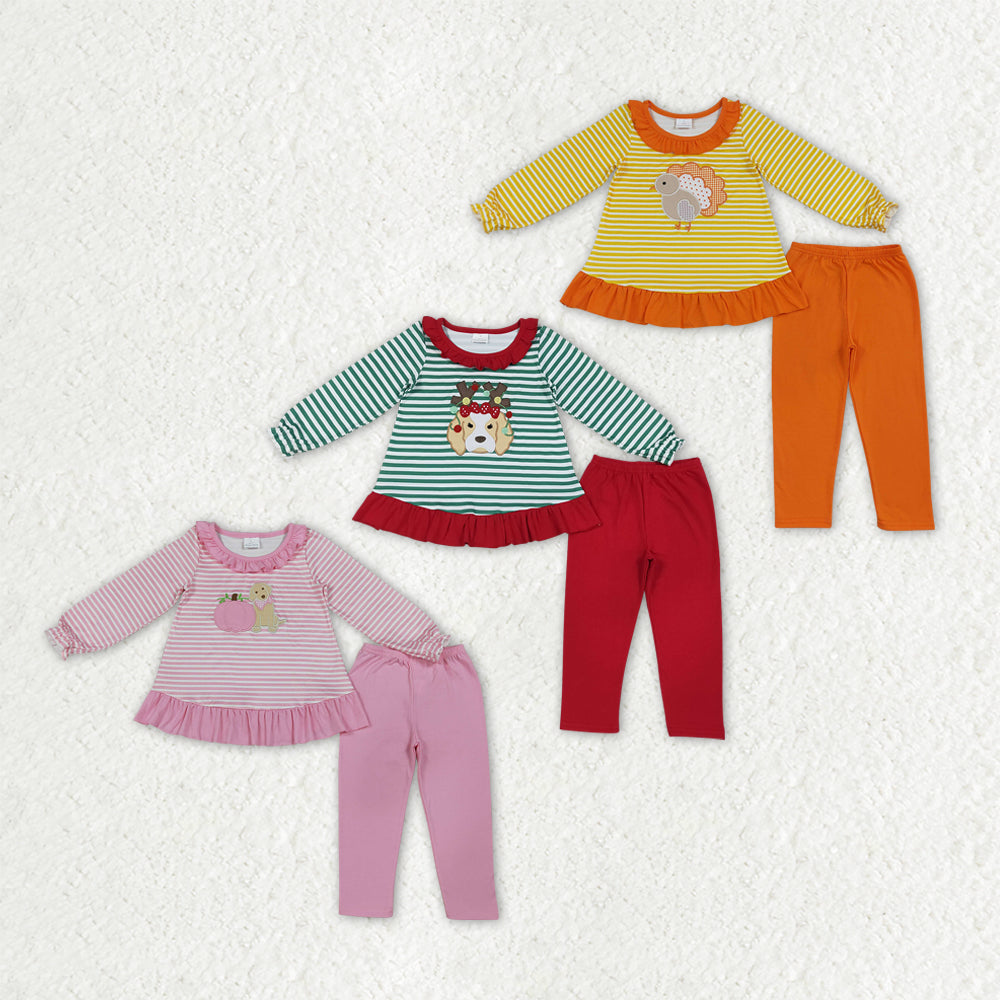Sibling Baby Girls Embroidery Pumpkins Turkey Deer Ruffle Tunic Leggings Pant Fall Clothes Sets