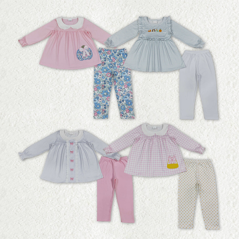 Sibling Baby Girls Embroidery Bows Pumpkins Candy Tunic Leggings Pant Fall Clothes Sets