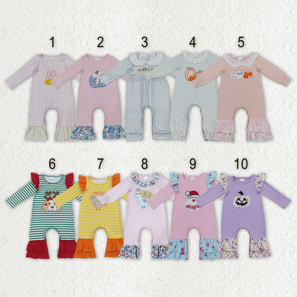 Sibling Baby Girls Long Sleeves Embroidery Turkey Pumpkins Deer Fall Ruffle Pant Rompers
