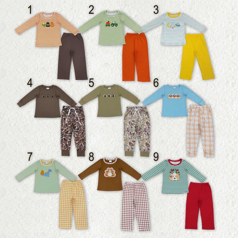 Sibling Baby Boys Embroidery Pumpkins Turkey Deer Top Jogger Pants Fall Clothes Sets