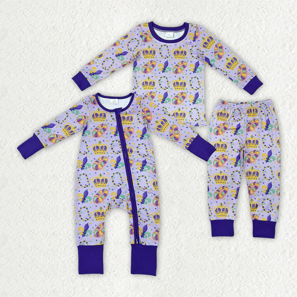 Sibling Baby Boys Mardigras Anchors Crowns Pajamas Set Zip Rompers
