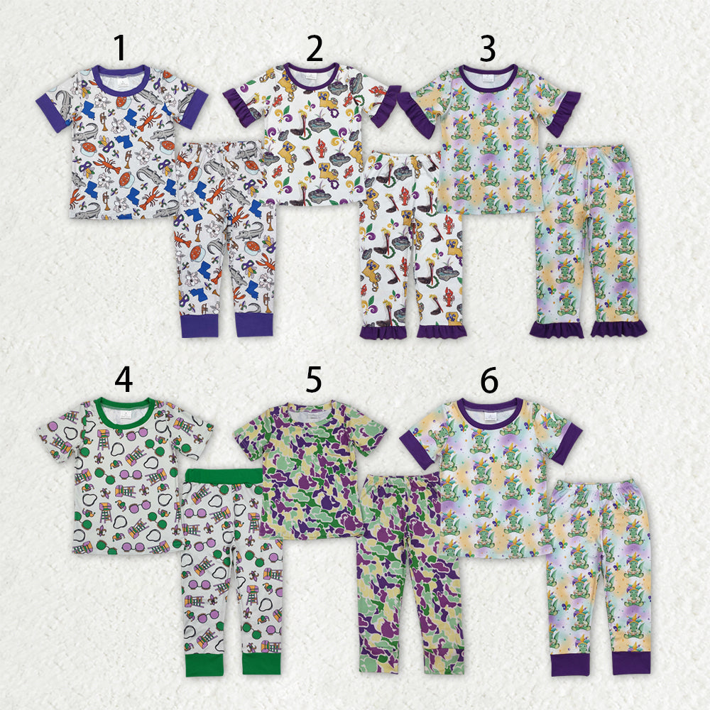 Sibling Baby Boys Girls Short Sleeve Mardigras Top Pants Pajamas Sets