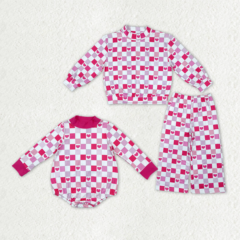 Sibling Baby Girls Pink Checked Hearts Choker Pockets Flare Pant Valentines Set Rompers