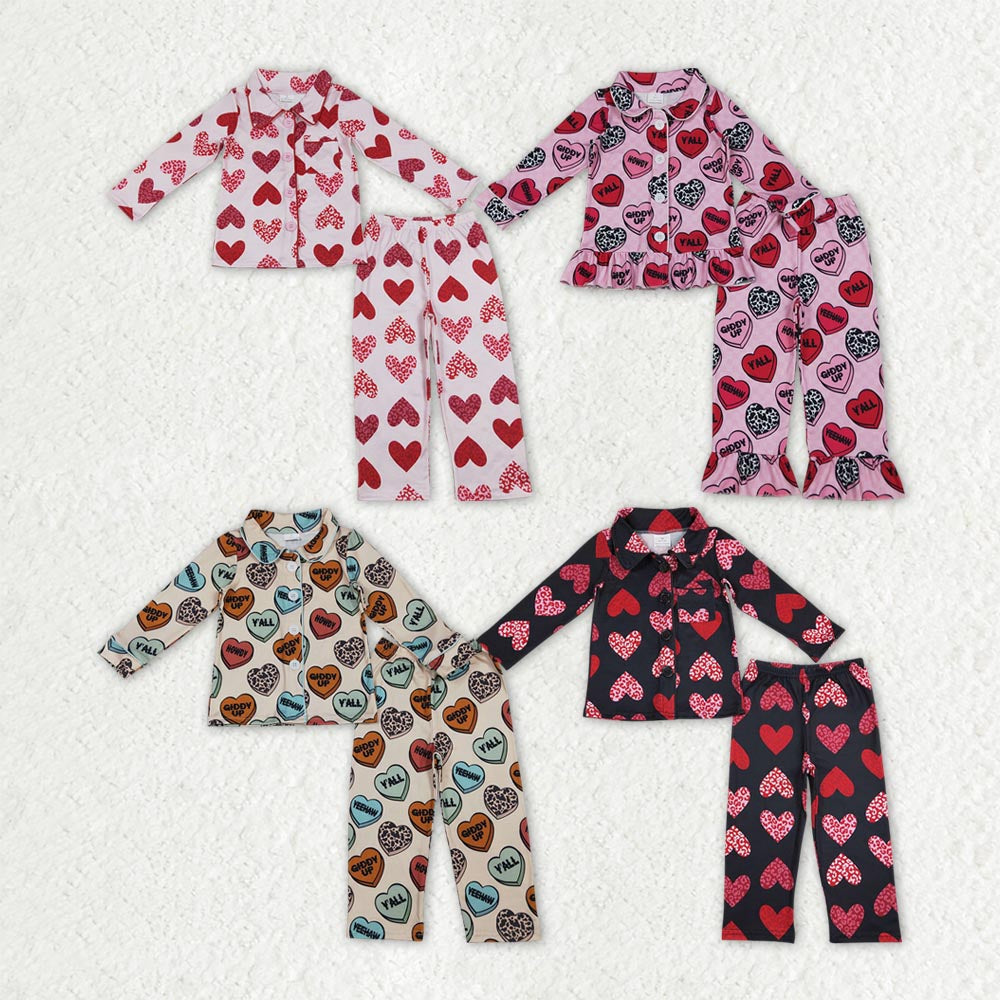 Sibling Baby Girls Valentines Hearts Button Top Pant Pajamas Sets