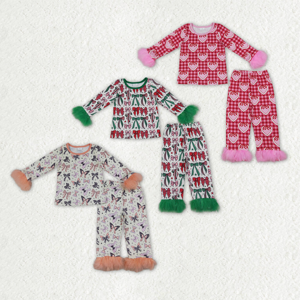 Sibling Baby Girls Bows Hearts Pants Fall Winter Fur Sleeves Pajamas Sets