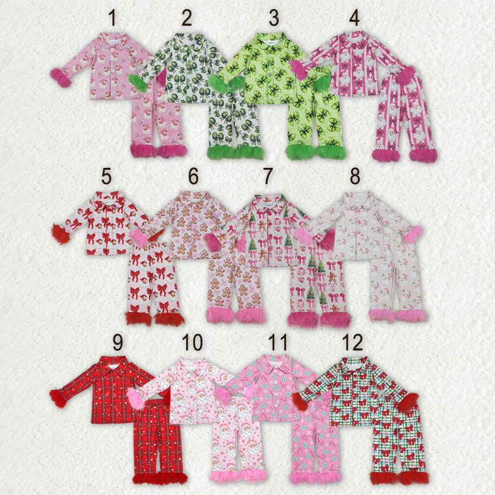Sibling Baby Girls Long Sleeve Christmas Button Top Pant Fur Sleeves Pajamas Clothes Sets