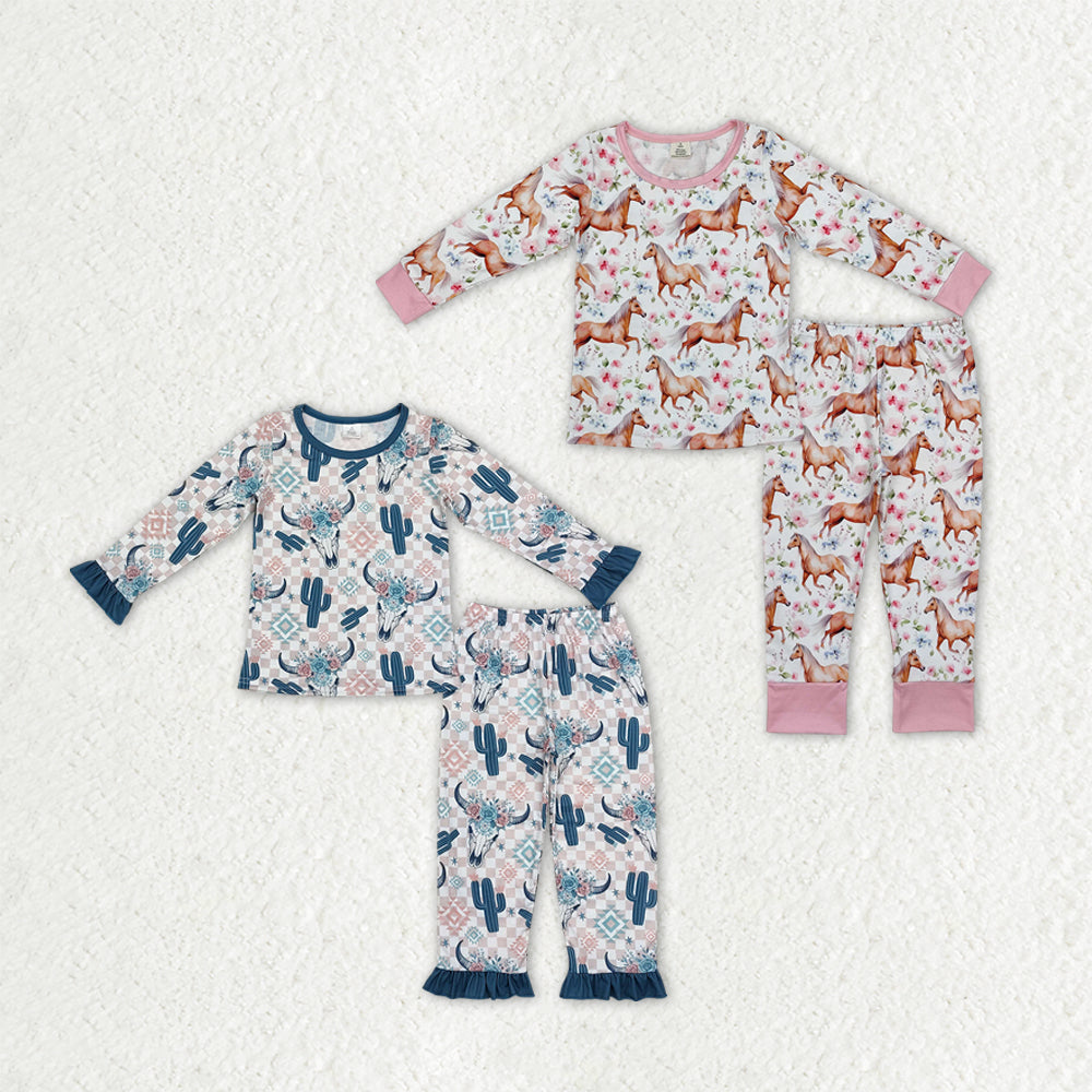 Sibling Baby Girls Long Sleeve Cows Cactus Horses Top Pant Bamboo Pajamas Sets