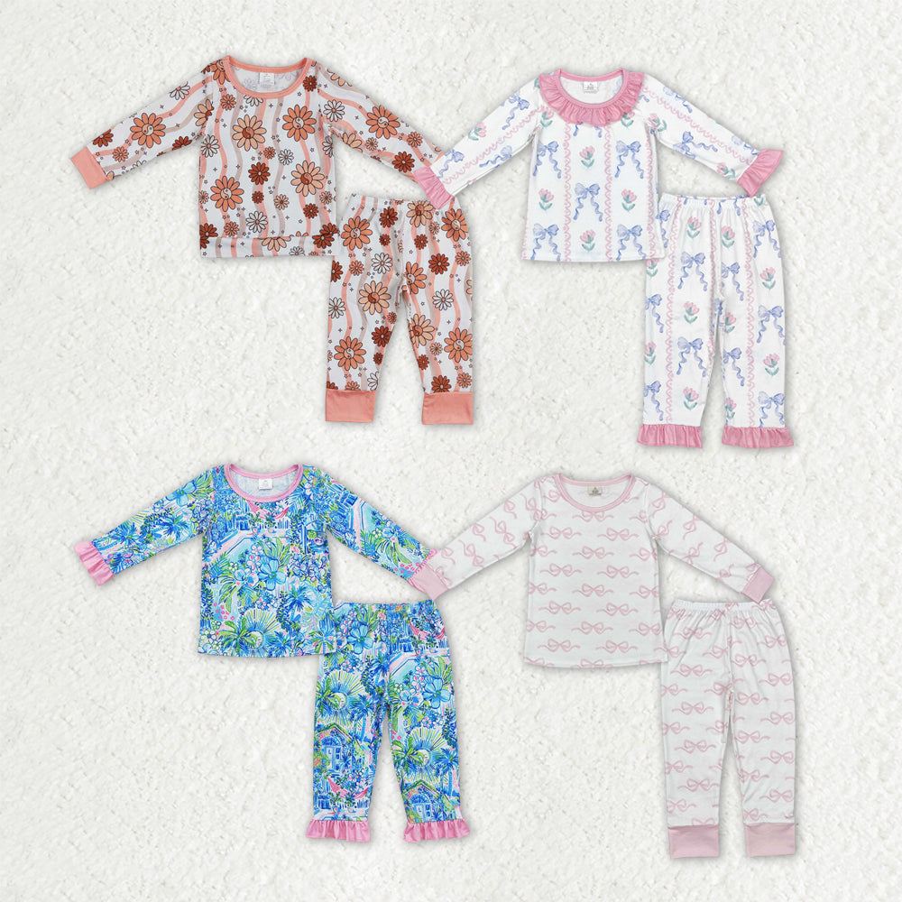 Sibling Baby Girls Flowers Bows Top Pant Bamboo Pajamas Sets