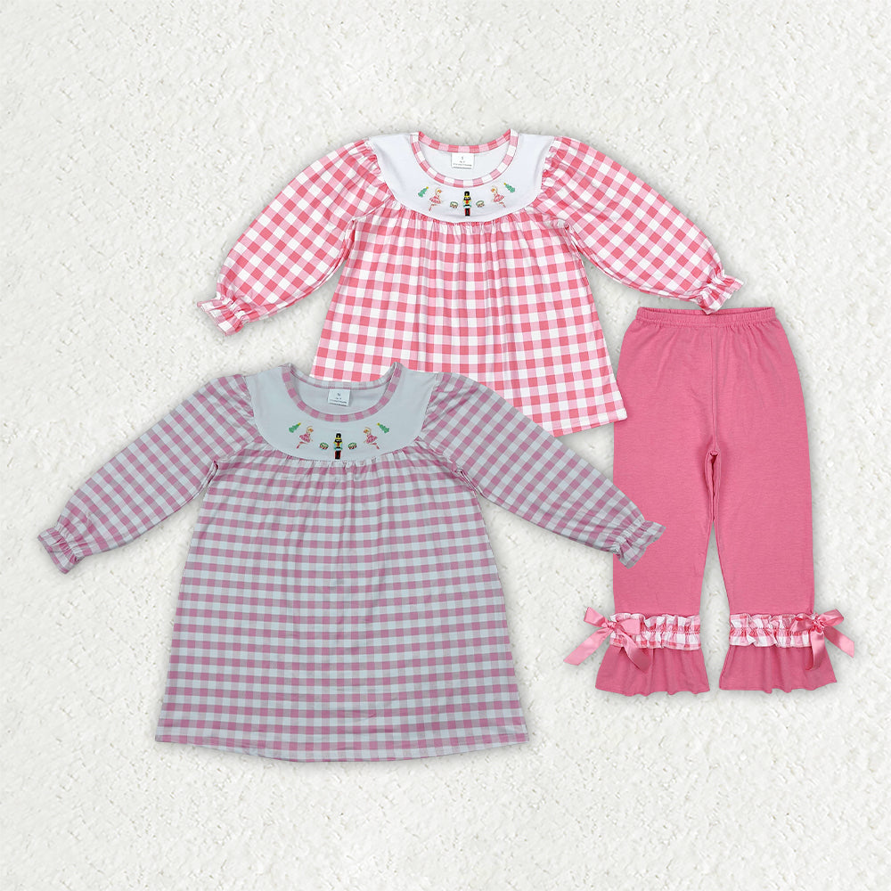 Sibling Baby Girls Embroidery Soldiers Trees Tunic Ruffle Pants Clothes Set Dresses