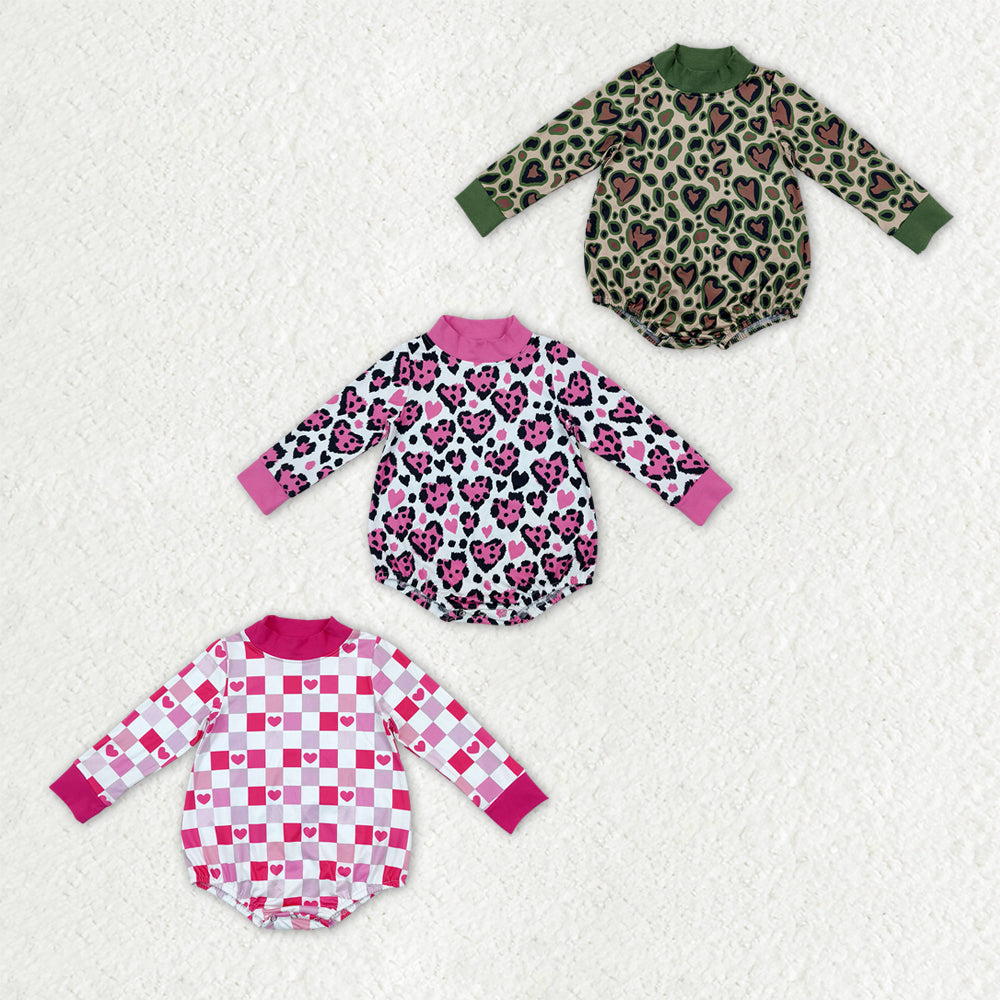 Sibling Baby Girls Long Sleeve Hearts Leopard Valentines Mock Neck Rompers