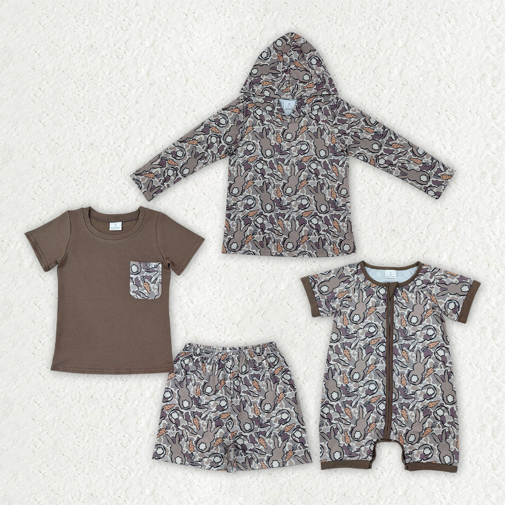 Sibling Baby Boys Camo Rabbits Easter Hoodies Top Shorts Clothes Set Zip Rompers